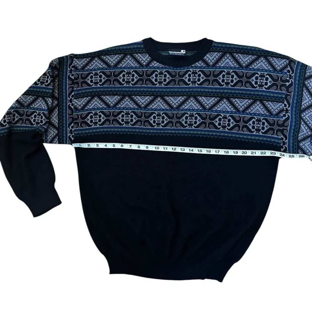 Demetre Vintage Mens Ski Sweater Wool Blend Fair Isle 90s Black Sz XL USA Made‎